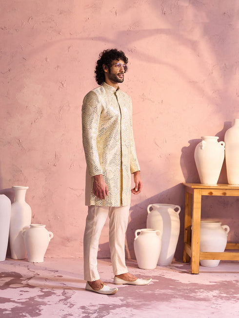 Men's Cream Georgette Embellished Indo Set